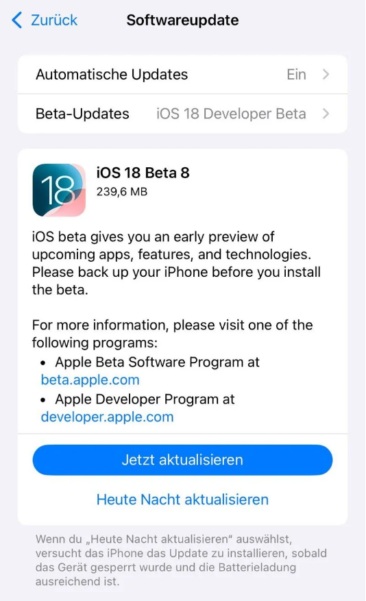 霍尔果斯苹果手机维修分享苹果 iOS / iPadOS 18 开发者预览版 Beta 8 发布 